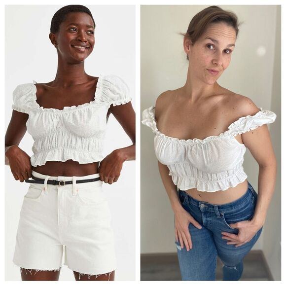 H&M Puff Sleeve Top White Large Ruffle Smocked Elastic Stretch - Picture 1 of 12